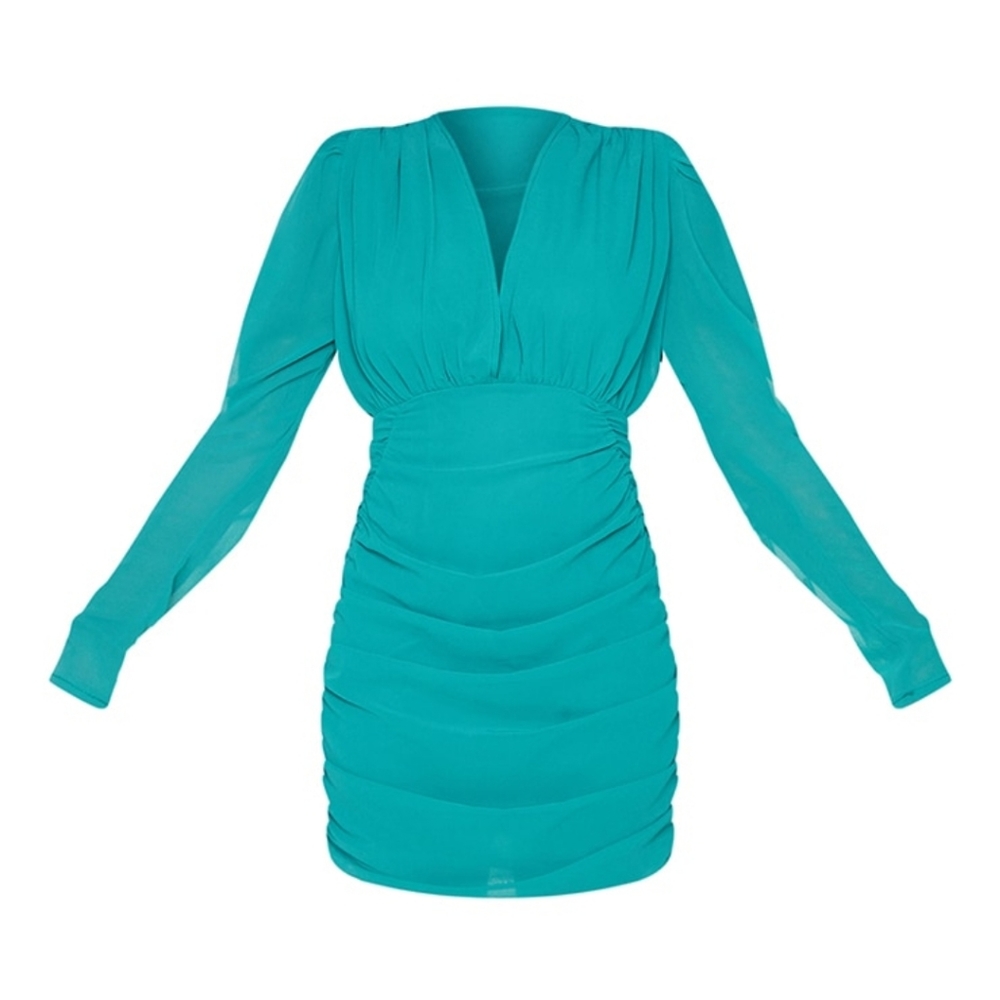 PLT Emerald Green Chiffon Plunge Ruched Skirt Long Sleeve Bodycon Dress